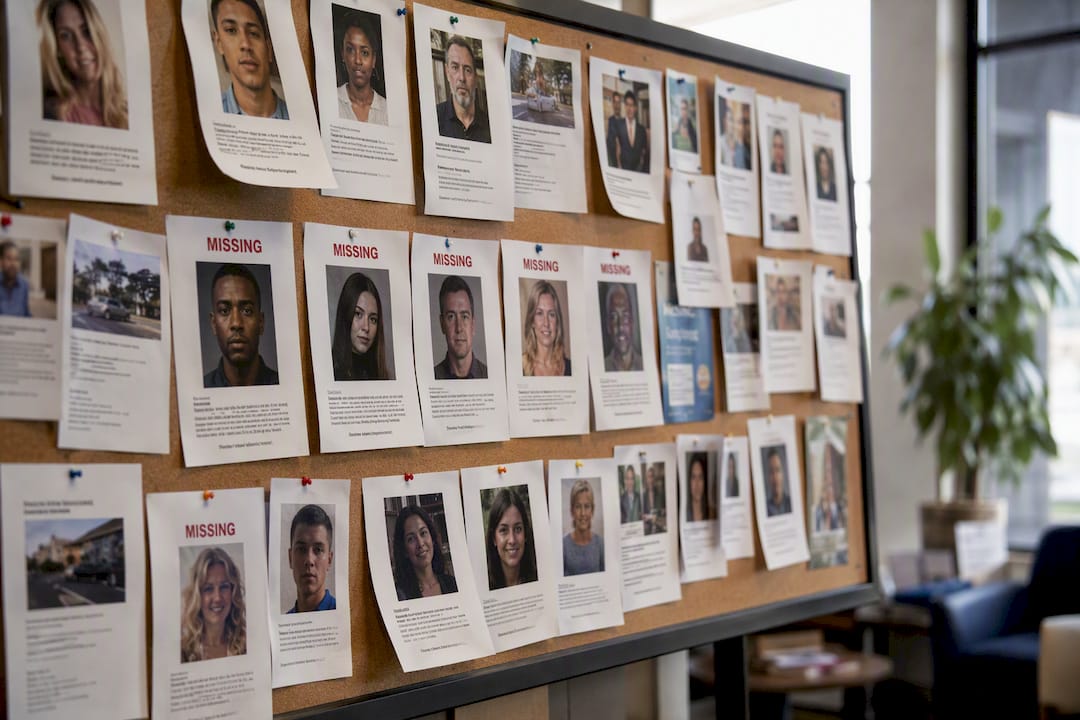 Bulletin board with missing person posters