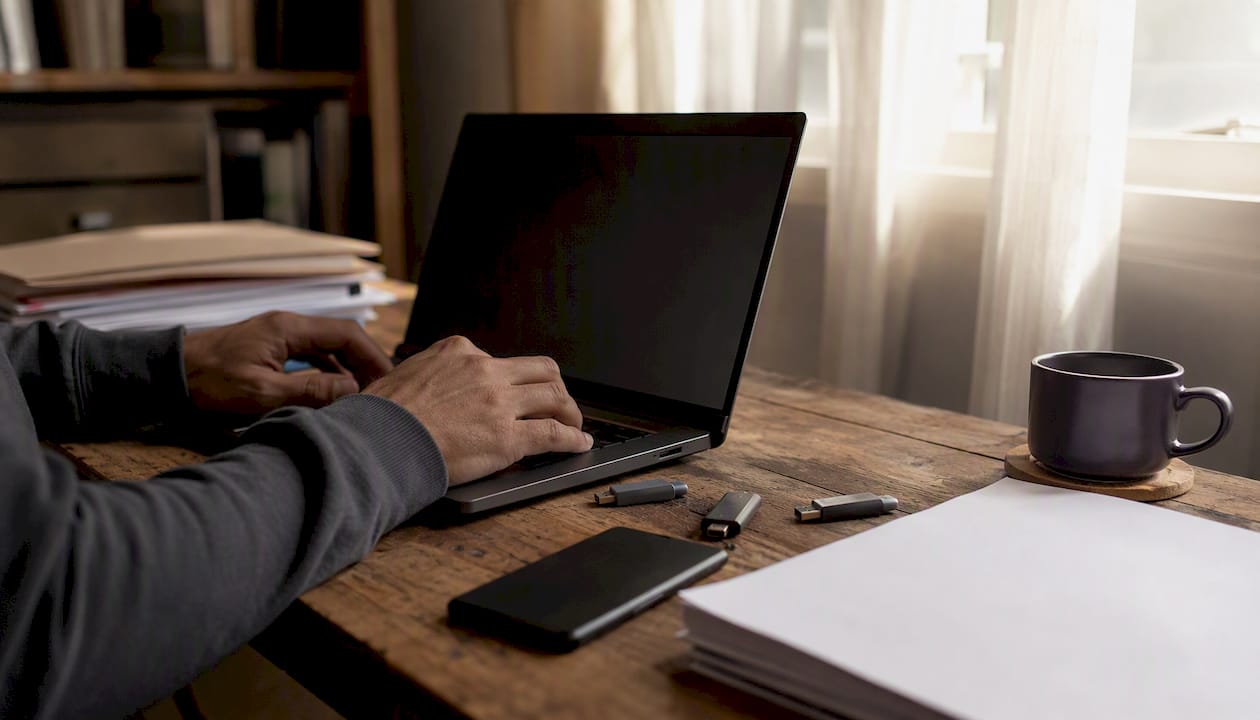 Citizen detective workspace with laptop and USB drives