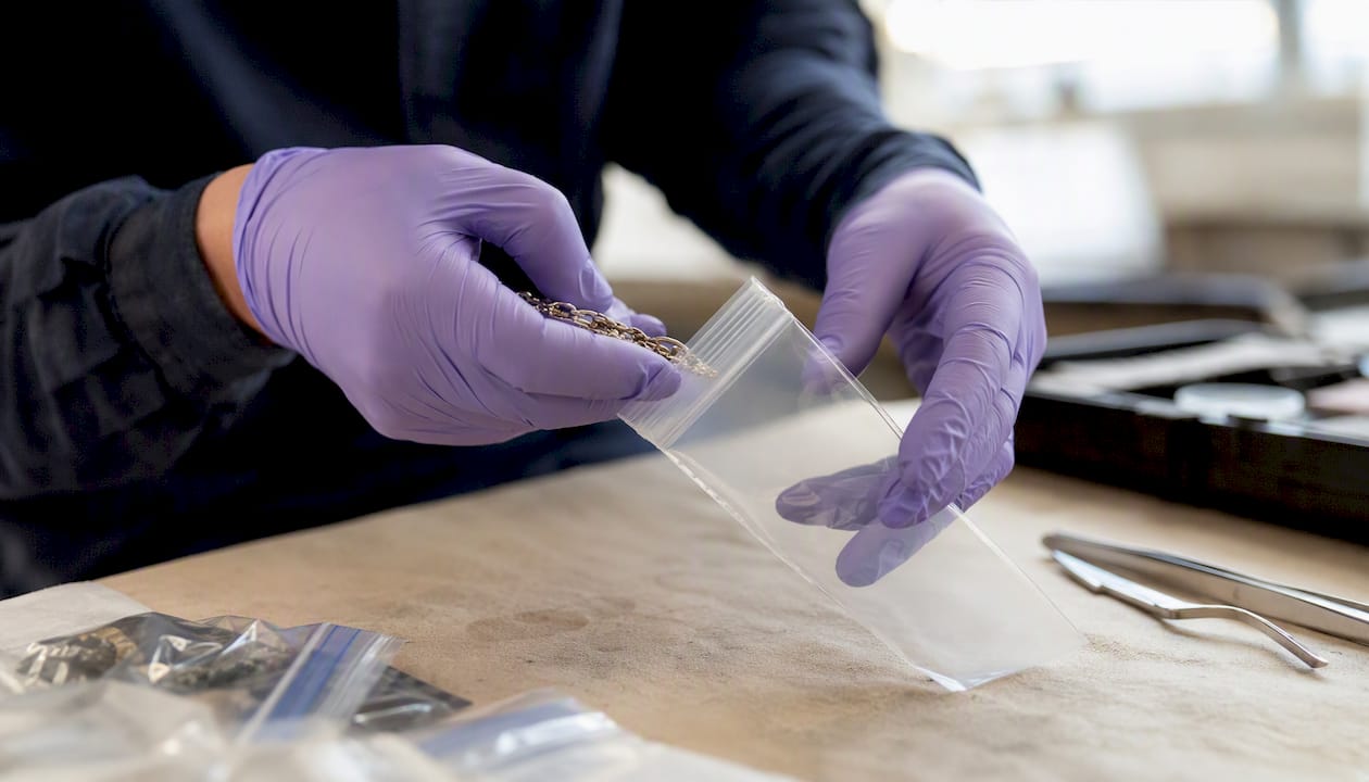 Gloved hands sealing evidence bag cautiously