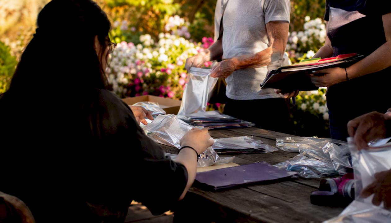 Volunteers organizing crime evidence outdoors