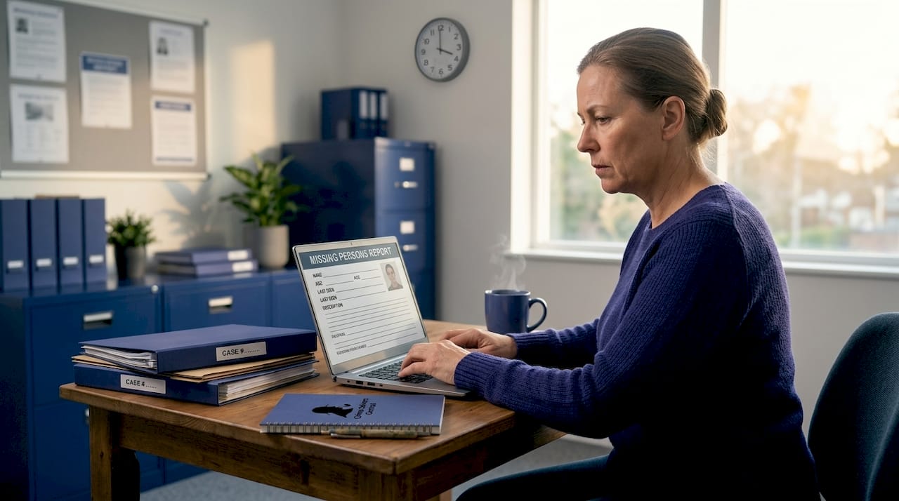 Woman filing missing persons report at home