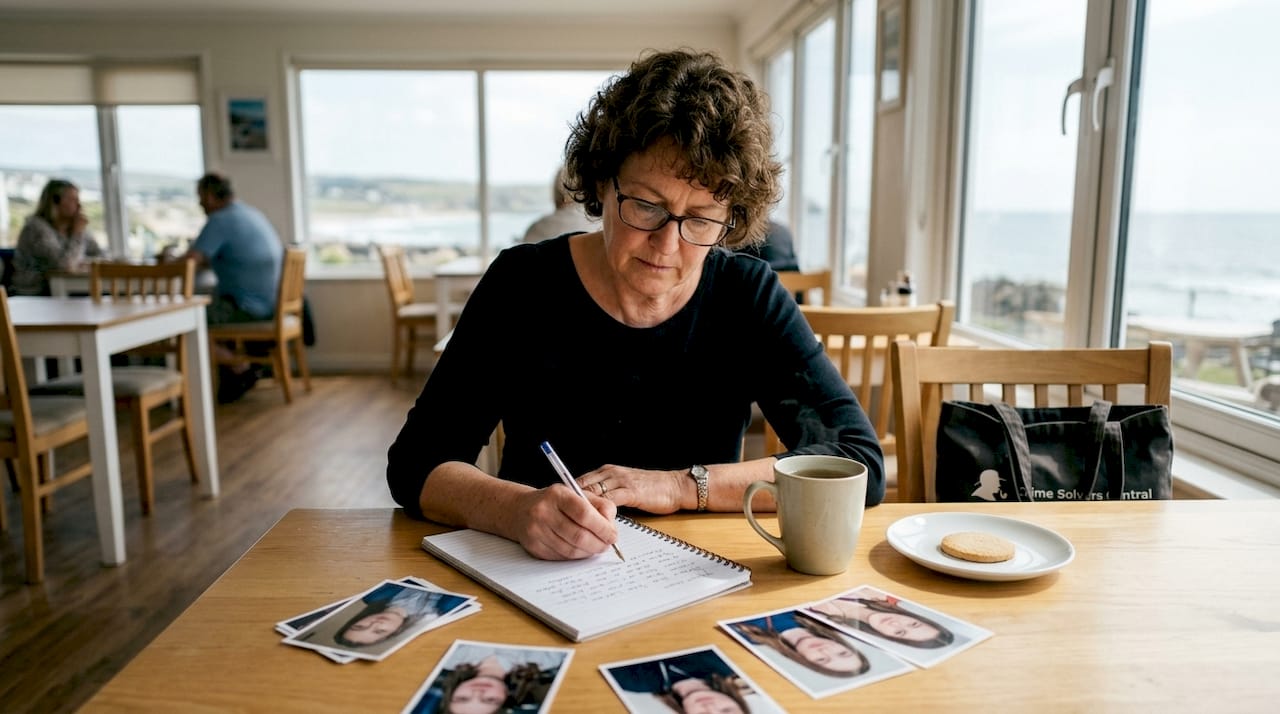 Woman writing missing persons timeline at kitchen table