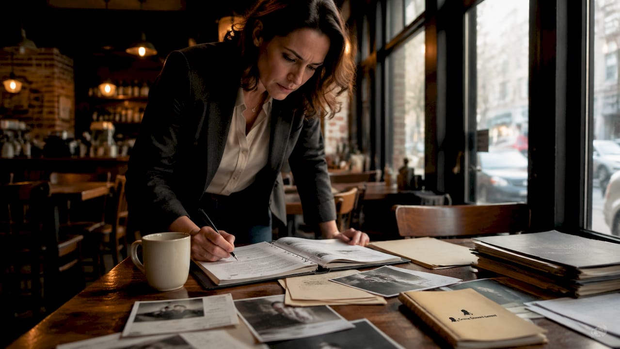 Detective reviewing unsolved crime files