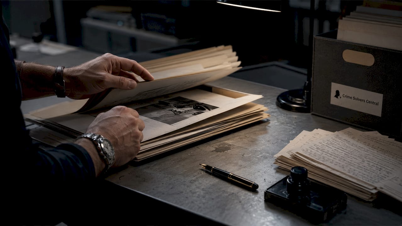 Hands examining FBI case files on wood desk overhead