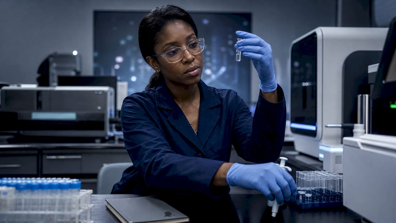 Forensic scientist analyzing DNA sample in lab