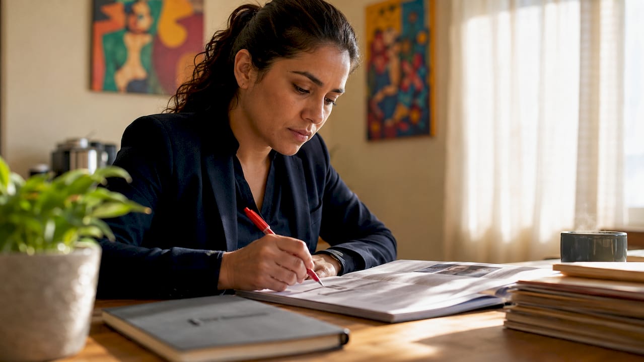 Female detective reviewing reports at cluttered desk