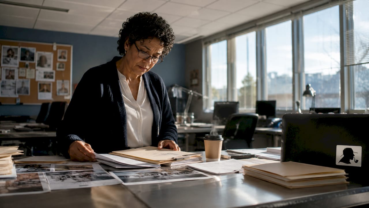 Detective reviewing cold case files at desk