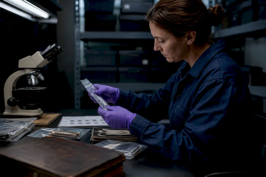 Gloved hands sorting cold case forensic evidence