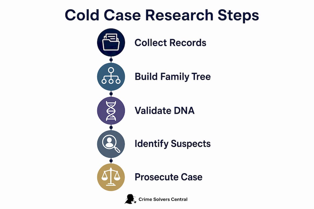 Infographic showing steps in cold case research