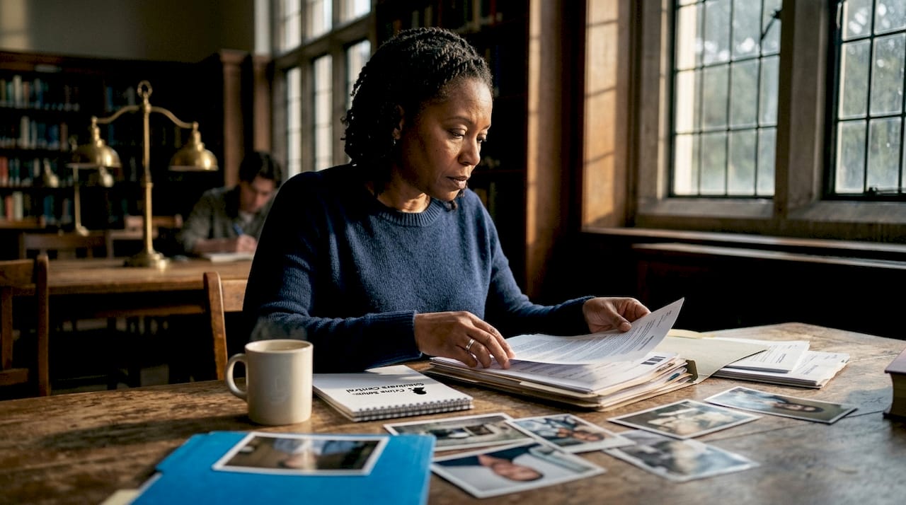 Woman organizing missing person case files at desk