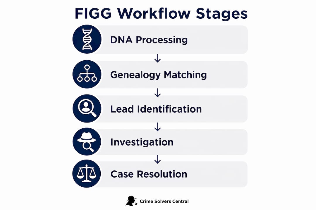 Infographic depicting stages of forensic genetic genealogy workflow