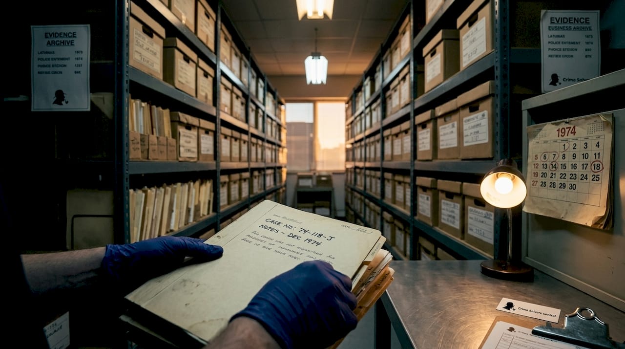 Hands sorting archived cold case files in evidence room