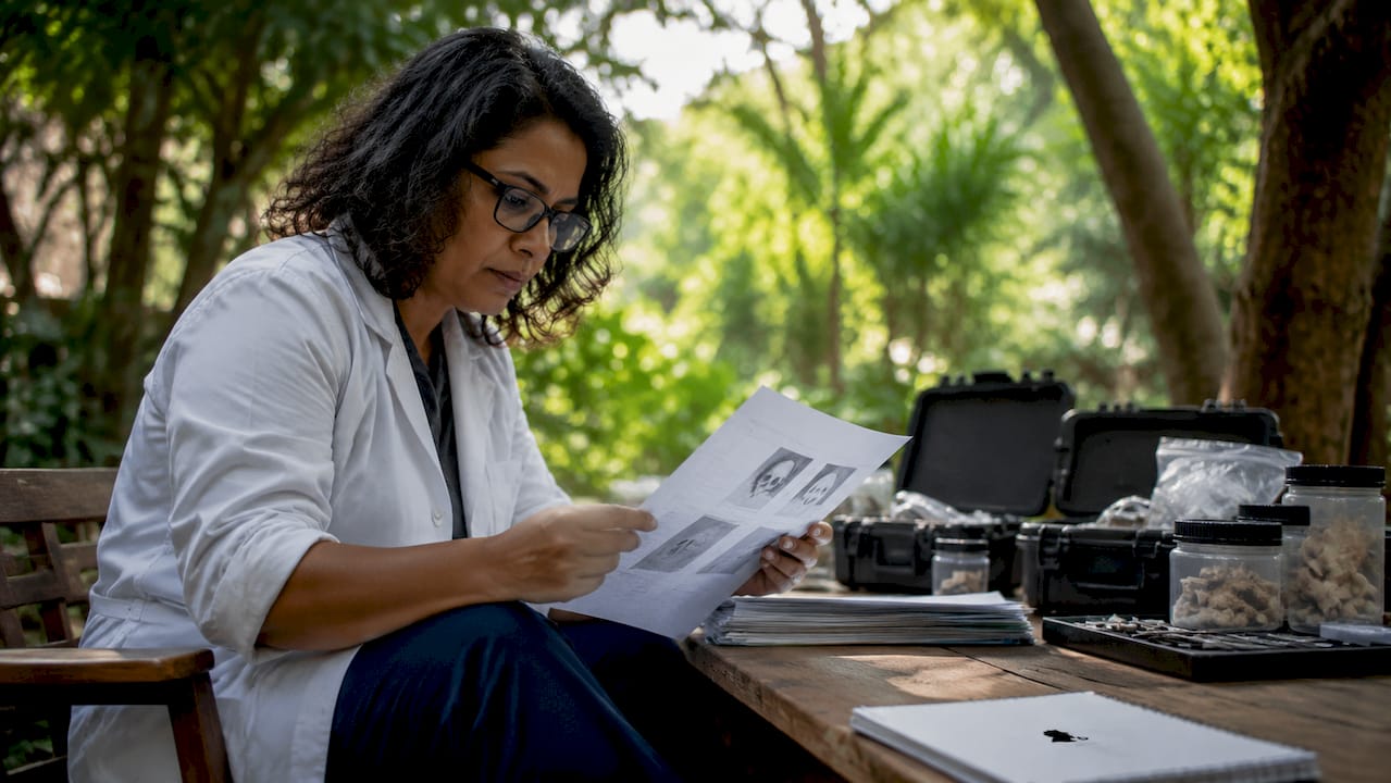 Forensic scientist reviewing remains database documents