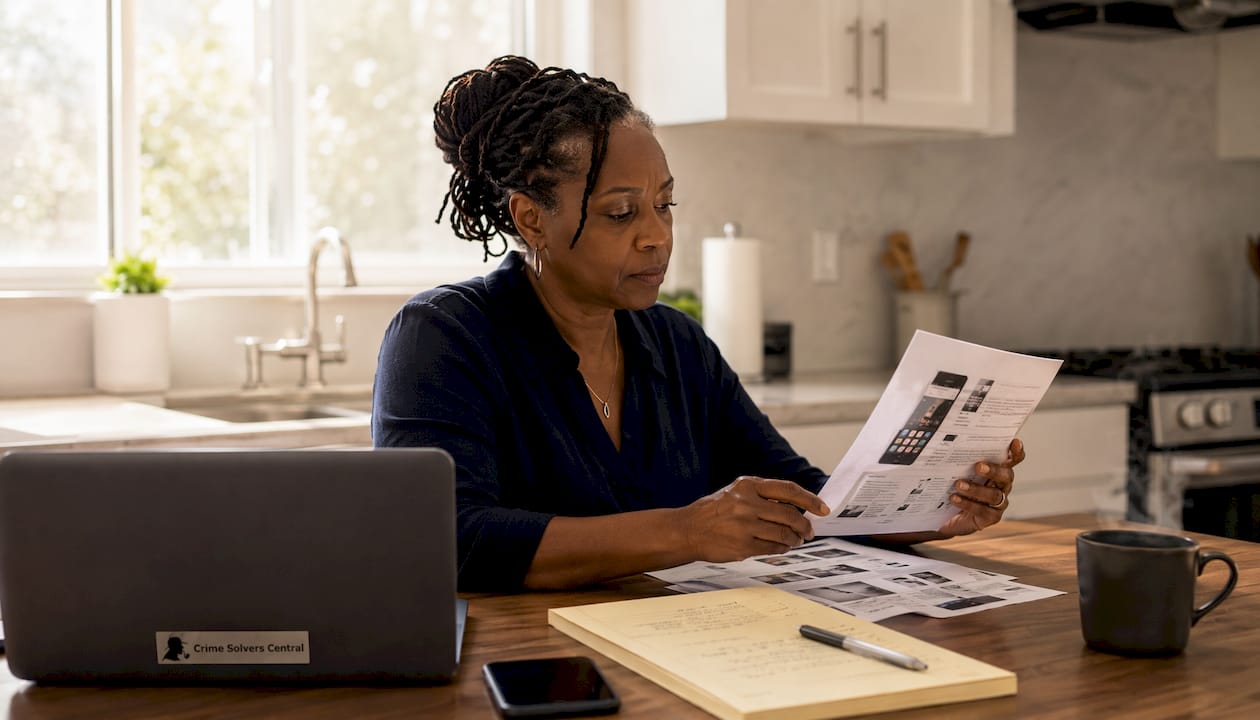 Woman organizing printed digital evidence at home