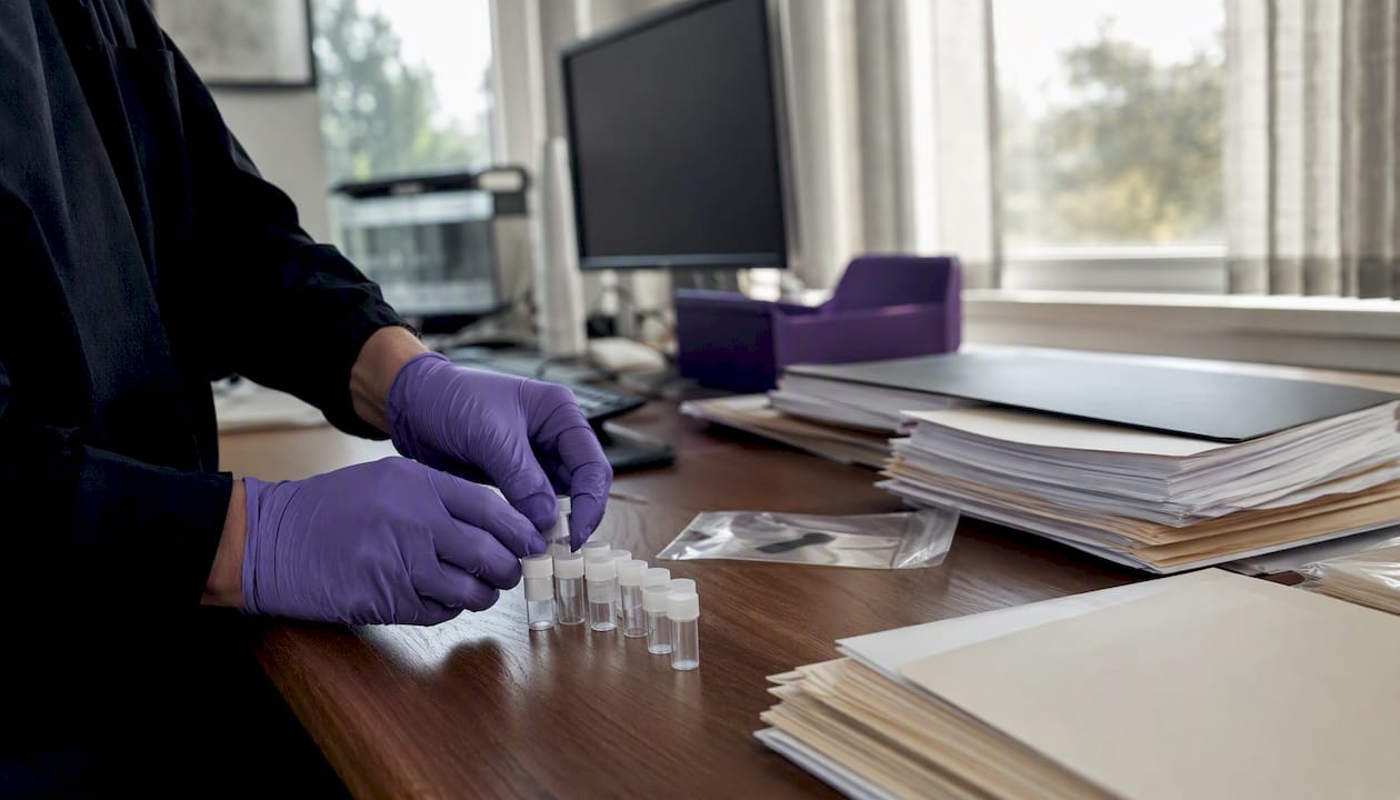 Forensic investigator handling DNA samples and case files