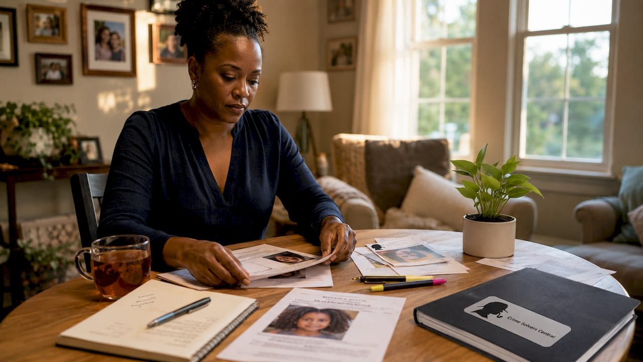 Woman organizing missing child flyers at home