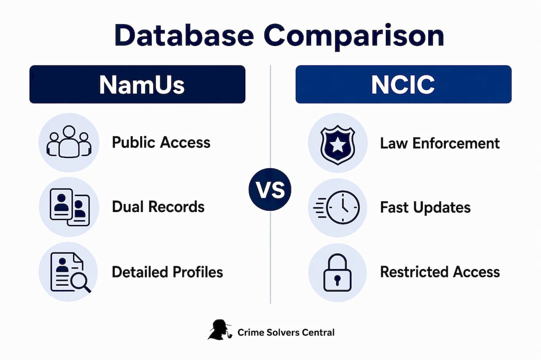 Infographic comparing NamUs and NCIC databases