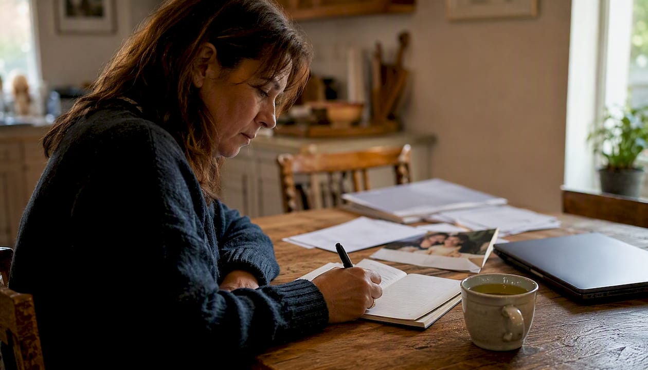 Family member writing case notes at home