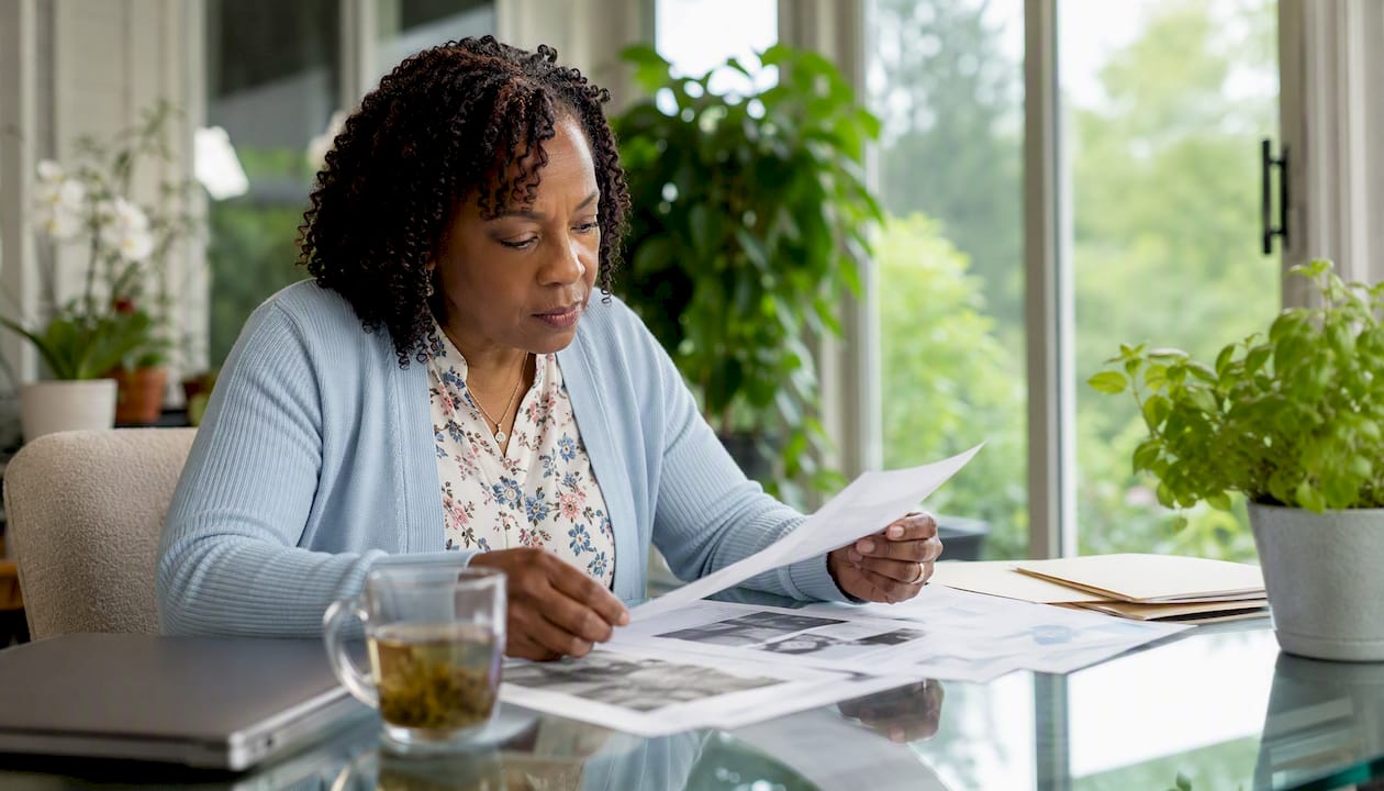 Woman reviewing cold case files at home desk