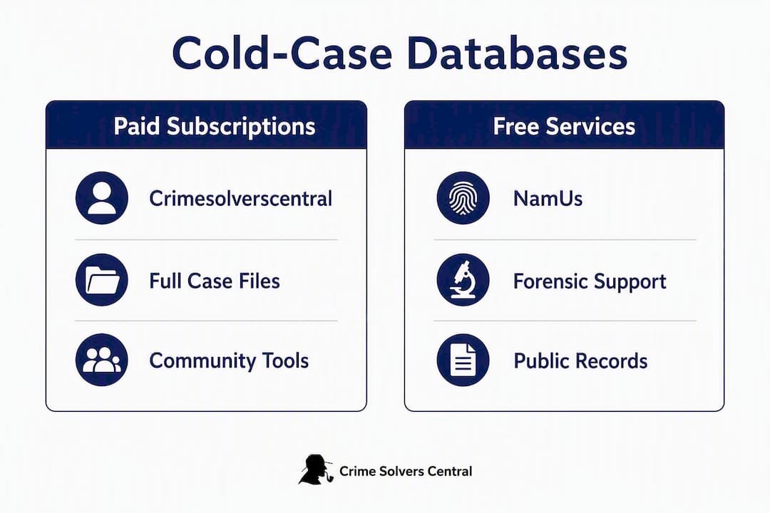 Infographic comparing paid and free cold-case databases