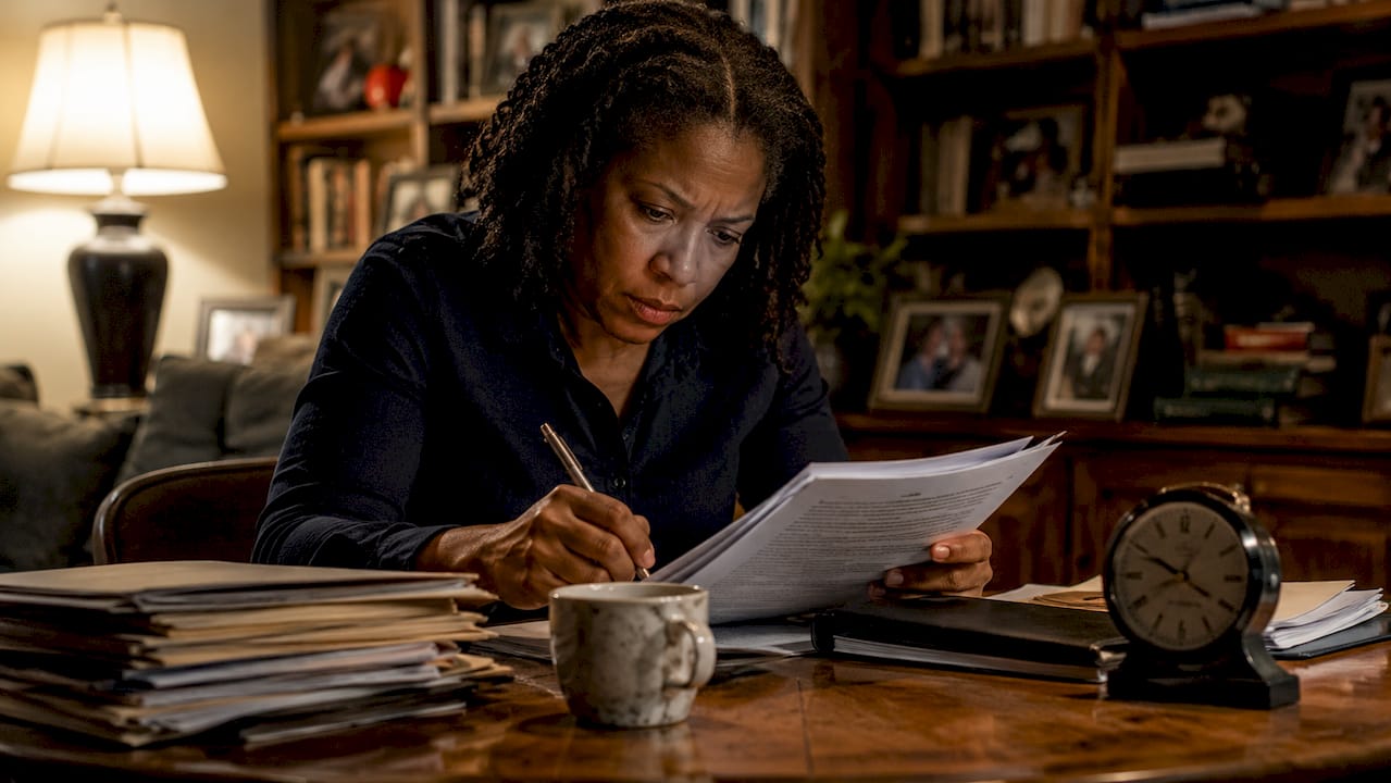 Detective reviewing unsolved homicide case files