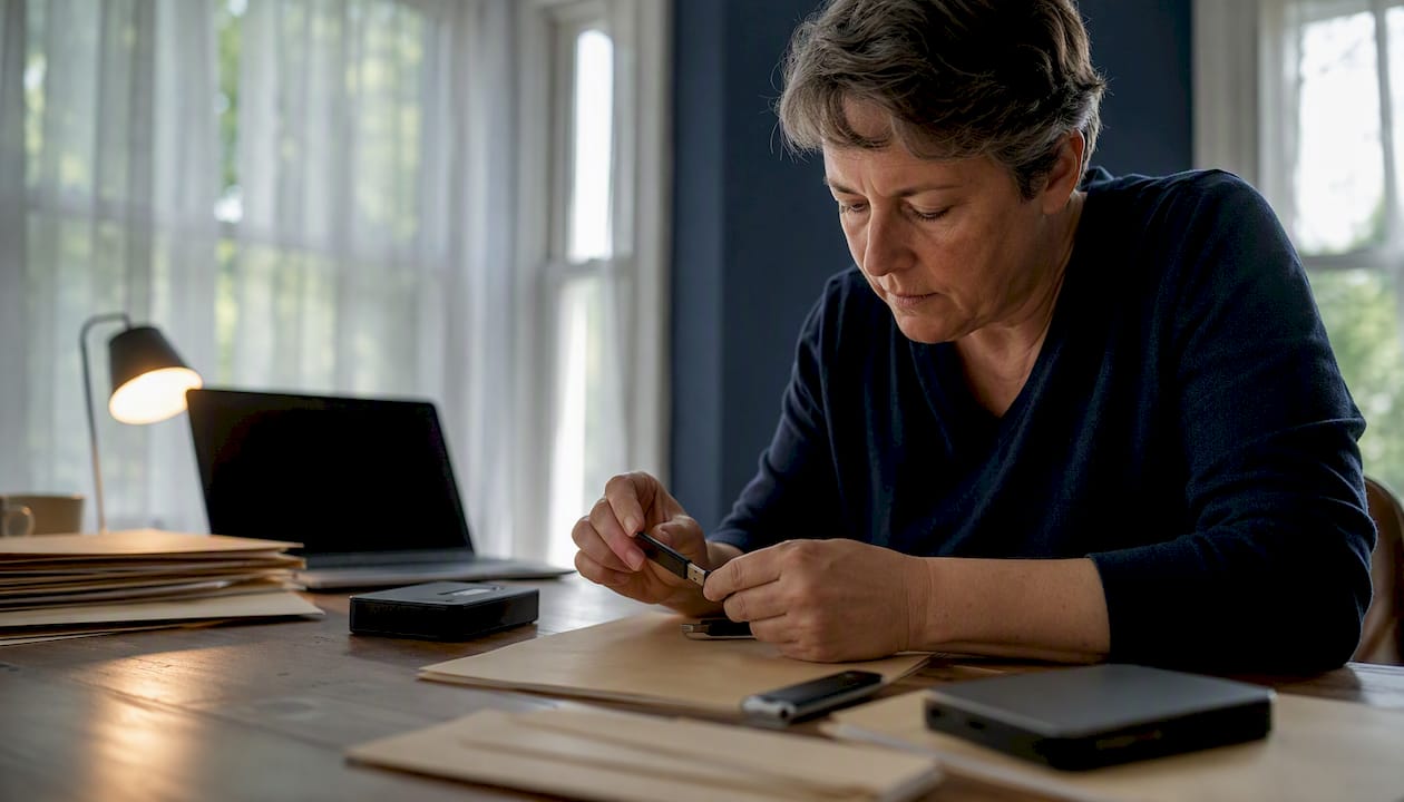 Hands organizing evidence files for cold case tip