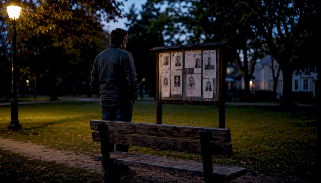 Night street with bulletin board representing ethical crime discussion