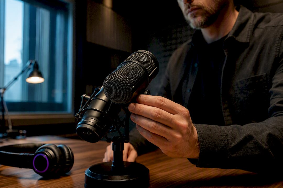 Podcast host beside studio microphone