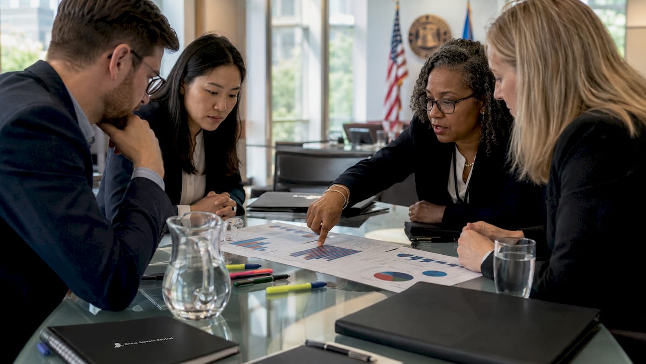 Hands pointing to racial disparity homicide charts on table