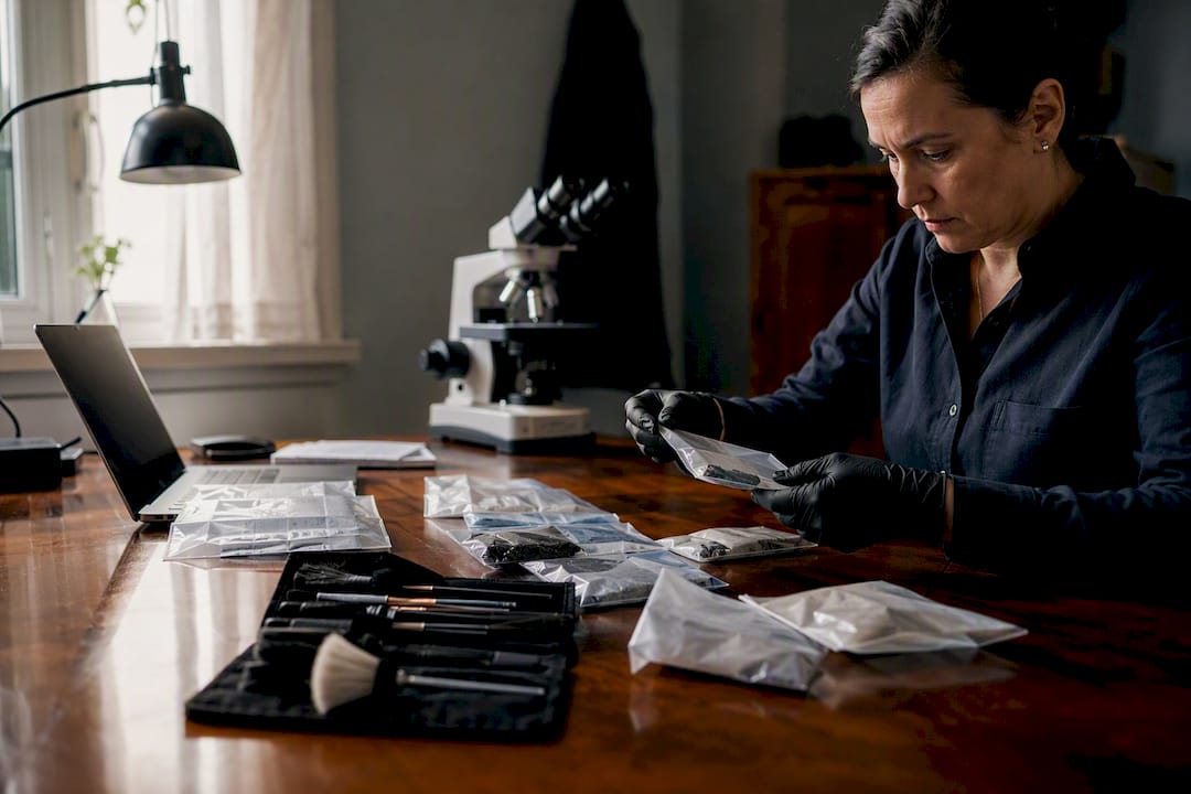 Hands sorting evidence bags in forensic lab