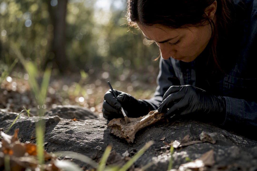 Forensic anthropologist brushing skeletal remains