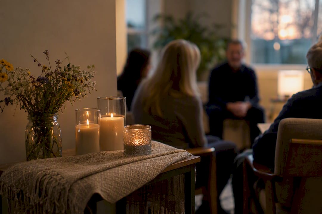 Candles and comfort objects in grief support setting
