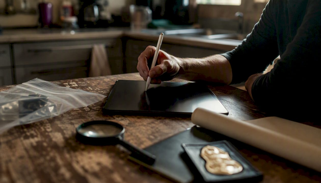 Hand pointing at tablet in forensic setting