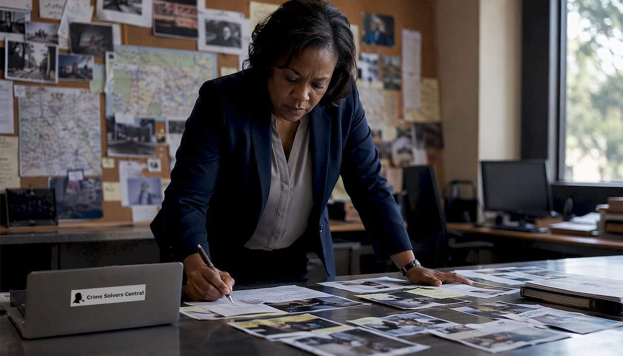 Detective reviewing unsolved case files at table