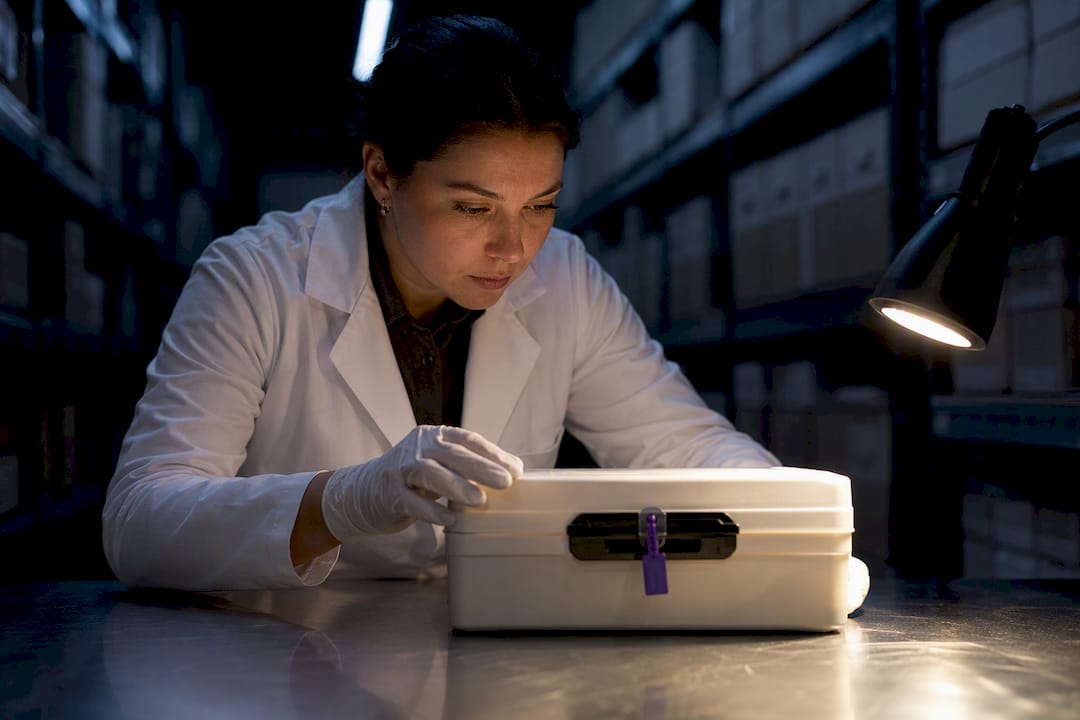 Technician examining evidence in a cold case archive