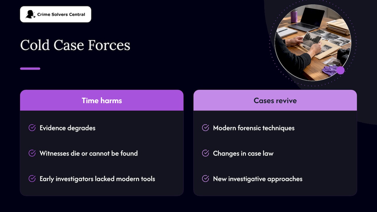 What makes cold cases hard, and why they still get solved — overview diagram