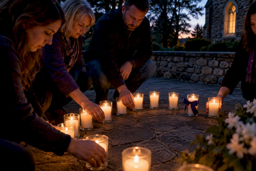 Community members lighting candles at a vigil