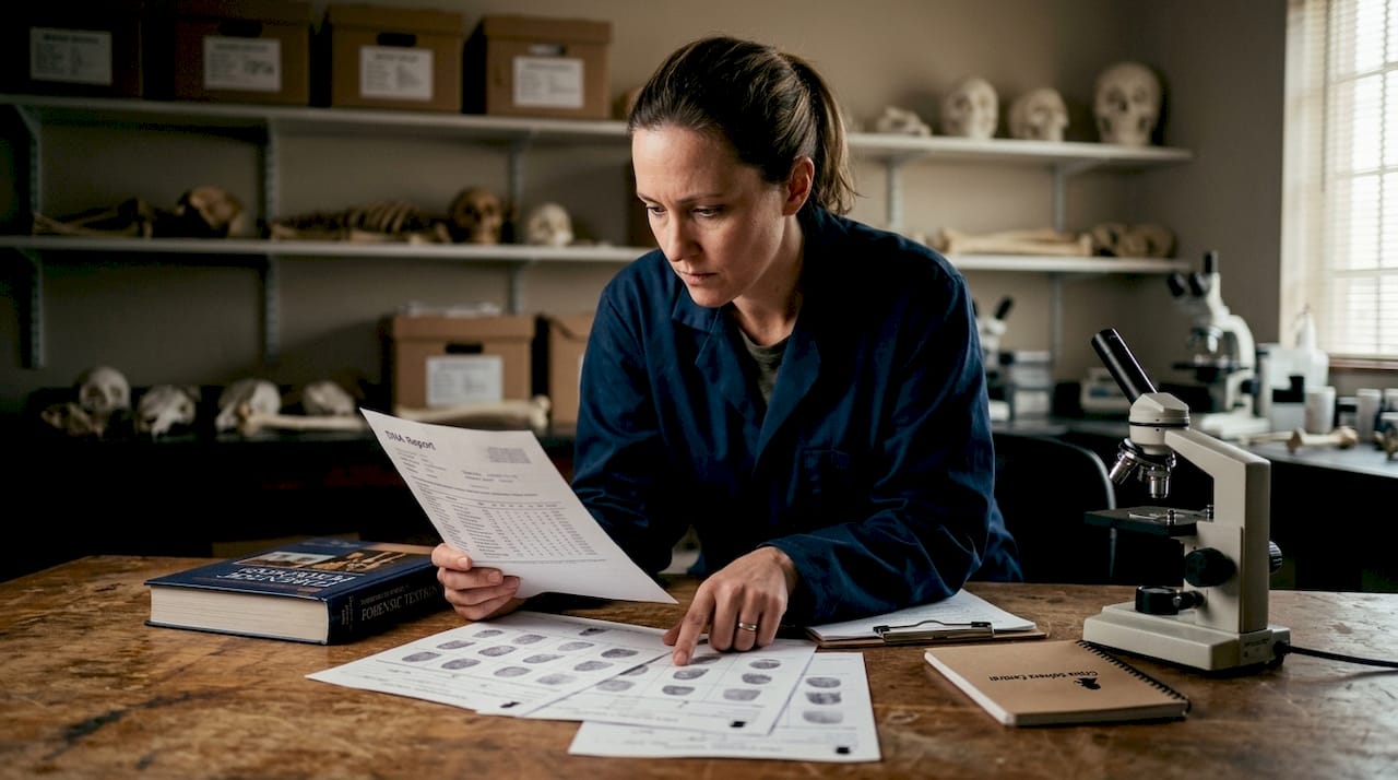 Forensic anthropologist reviewing DNA and fingerprint reports