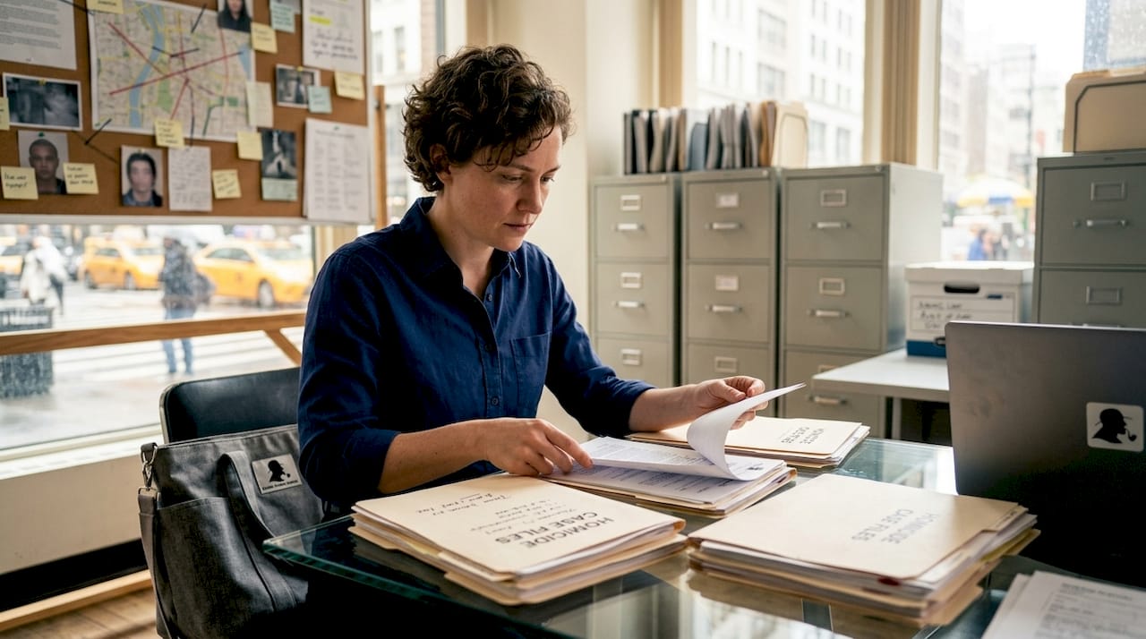 Forensic analyst reviewing homicide case files
