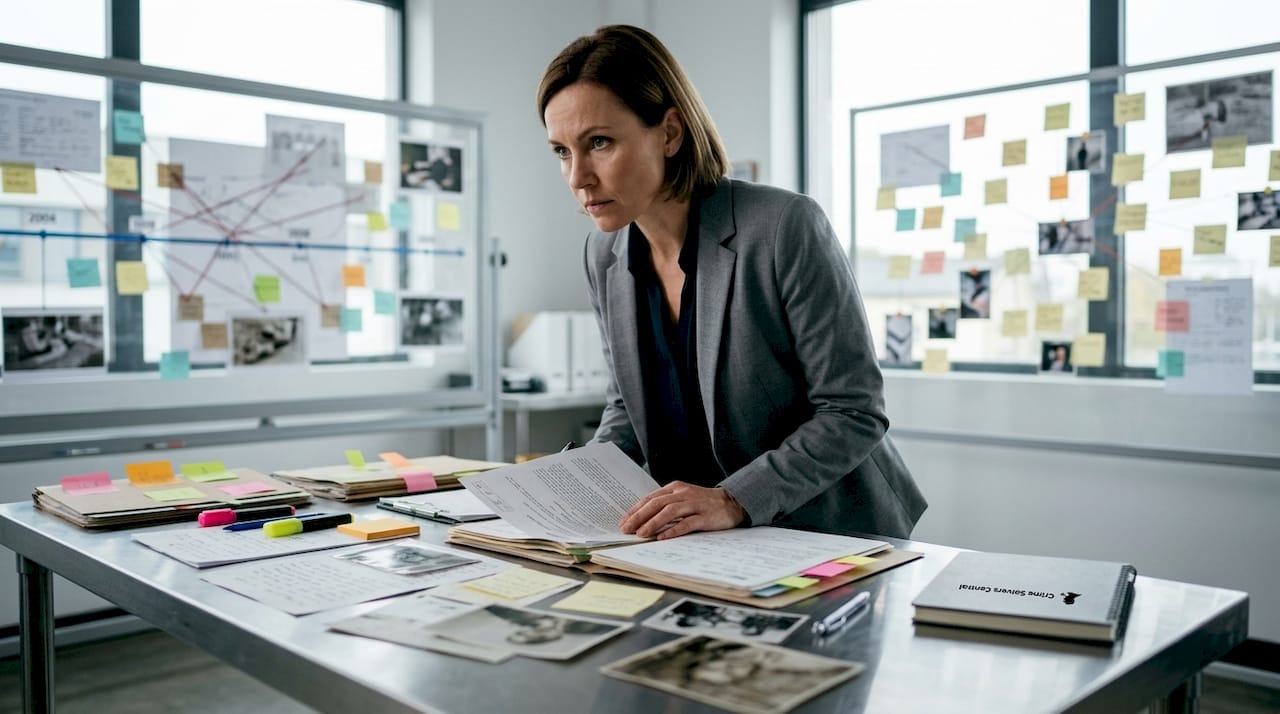 Detective reviewing cold case files at desk