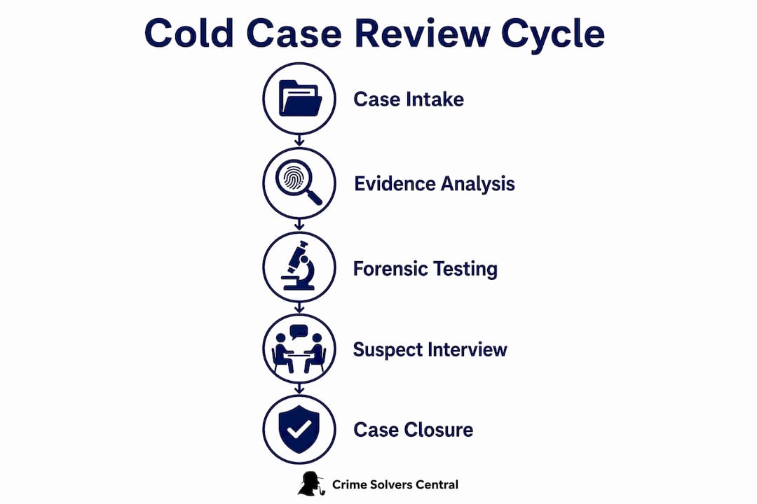 Infographic illustrating cold case review and resolution steps