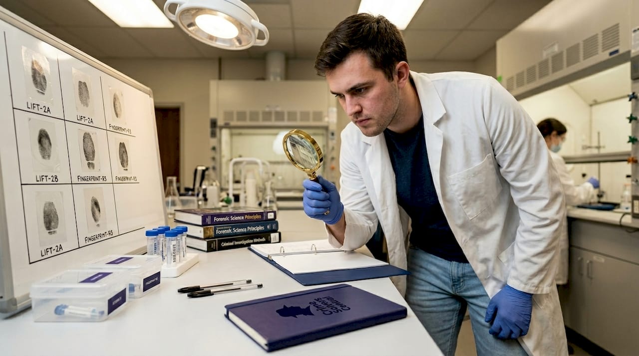Student studying forensic evidence in lab setting
