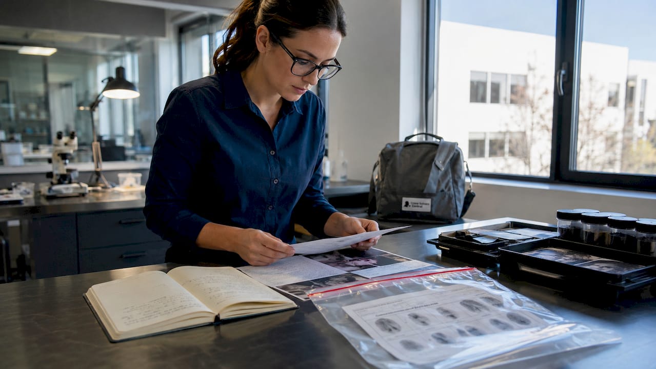 Forensic investigator reviewing cold case documentation