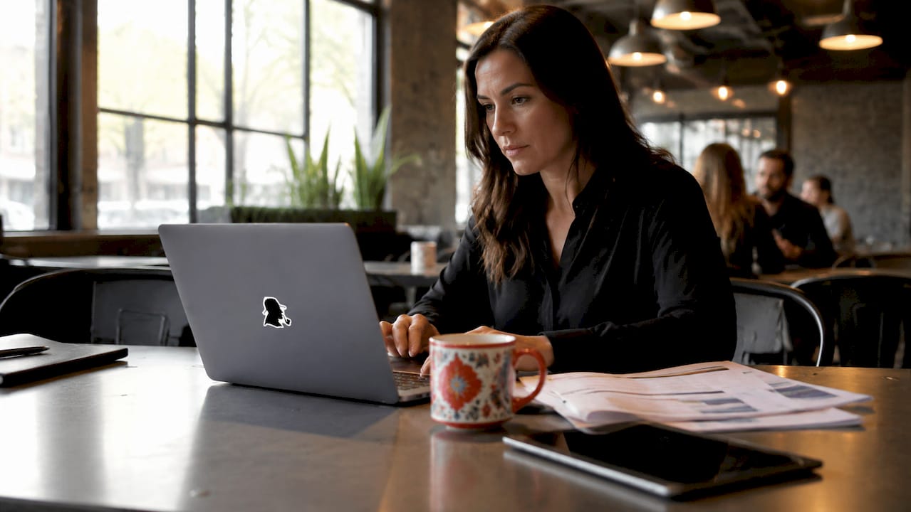 Researcher reviewing missing persons data on laptop