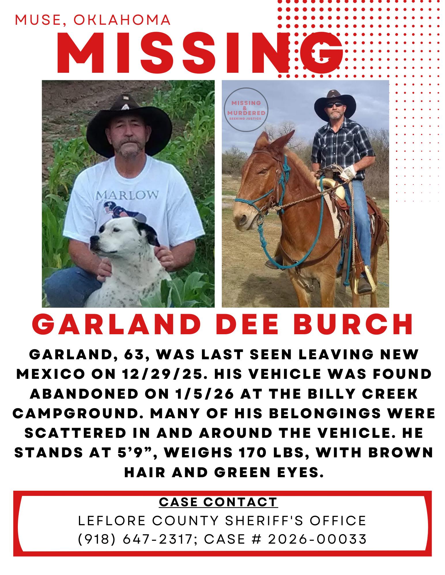 Garland Burch missing person case in Muse, Oklahoma